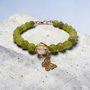 Green Jade Beaded Bracelet with Butterfly Charm,Wire Wrapped Gemstone Bracelet